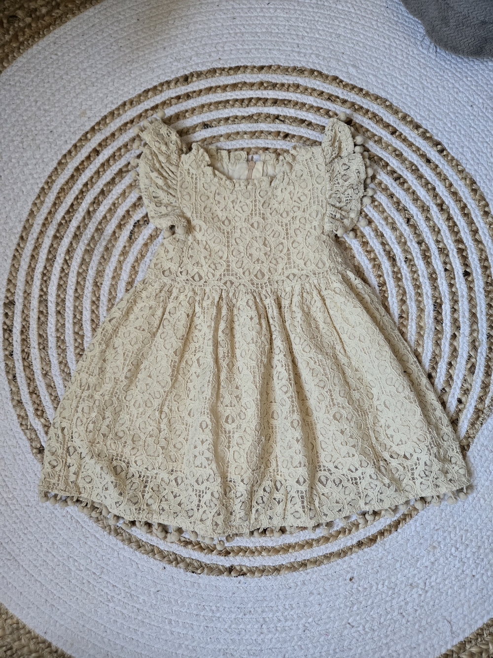 Cream Lace Flutter-Sleeve Girls Dress with Crochet Detail and Pompoms